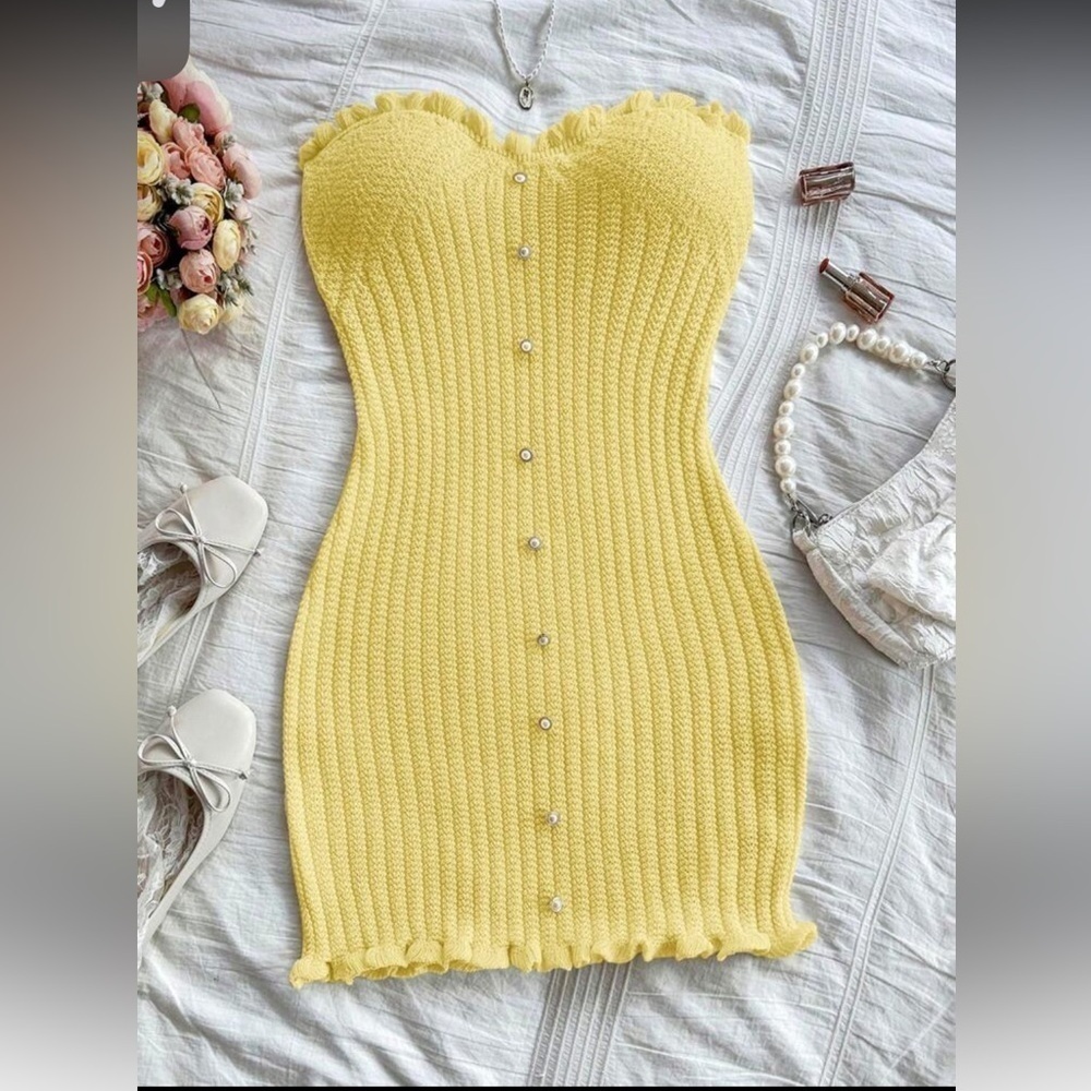 Yellow Ribbed Bustier Bodycon Dress/Swimsuit Coverup